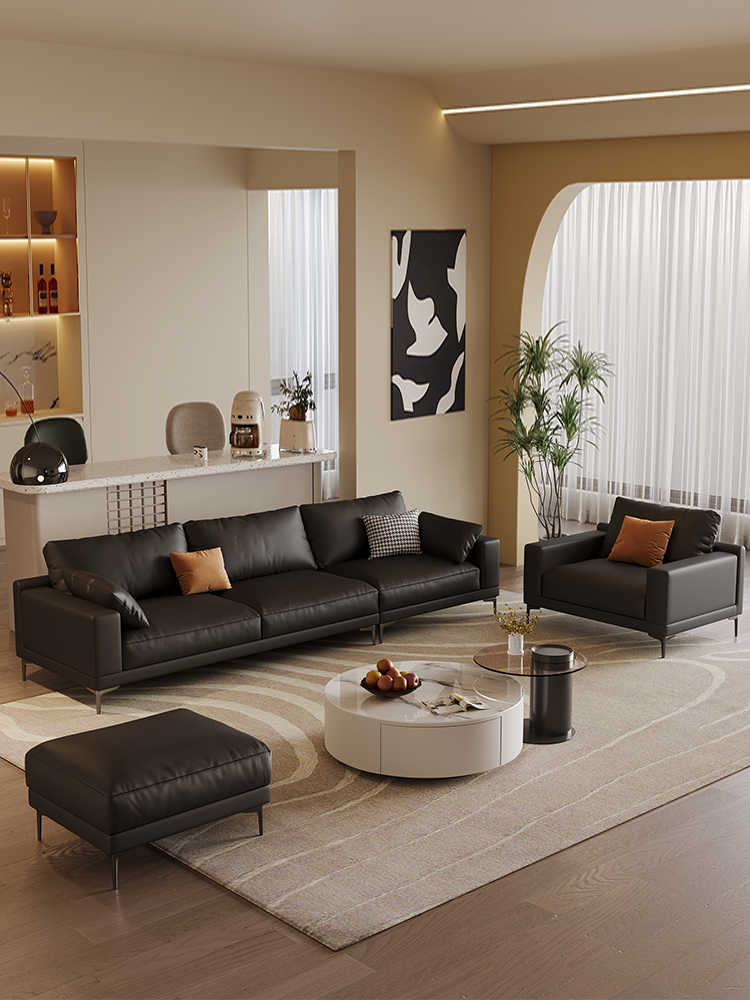 Modern simple small apartment cat-scratch proof leather sofa three people straight row living room Italian minimalist down black sofa