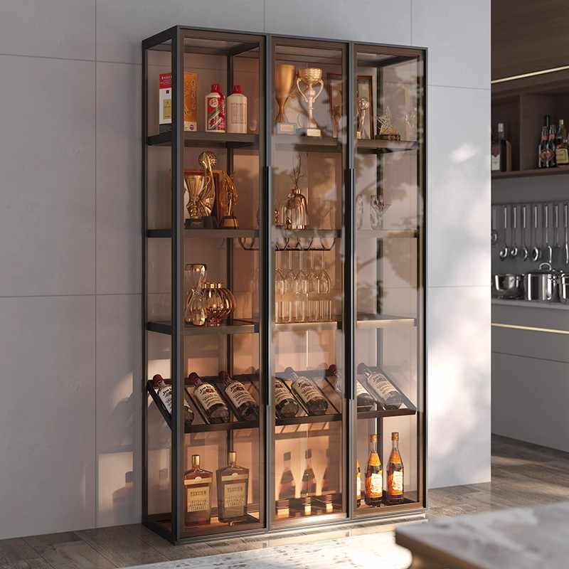 Light luxury wine cabinet living room wall shelf aluminum alloy tempered glass door partition high-grade hand-done tea display cabinet