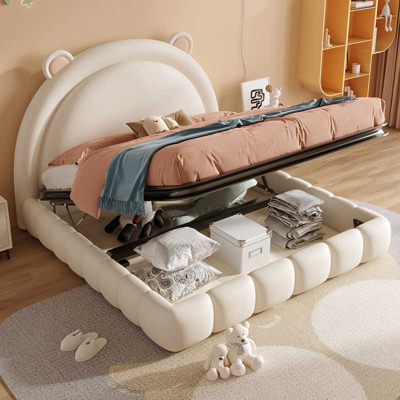 Puff baby bed Girl Cartoon Bear Boy bed all solid wood leather soft wrap Cream wind Princess bed Girl bed