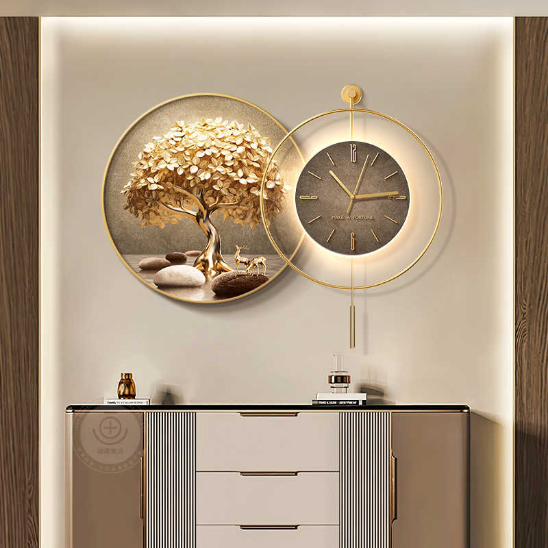 Fortune tree restaurant decoration painting light luxury luxury sense table clock hanging painting atmospheric living room wall clock mural wall clock