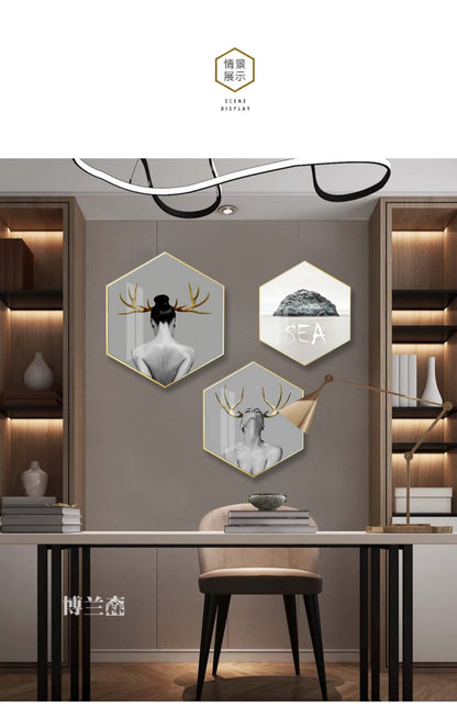 Crystal porcelain painting woman decorative painting black and white bed, bedroom, office personality hanging painting three art wall painting