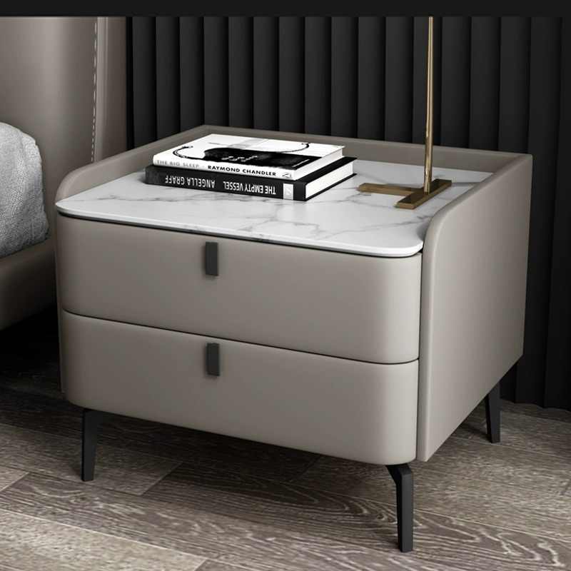 All solid wood bedside cabinet light luxury rock board storage cabinet Bedroom simple modern bedside cabinet leather small apartment storage cabinet