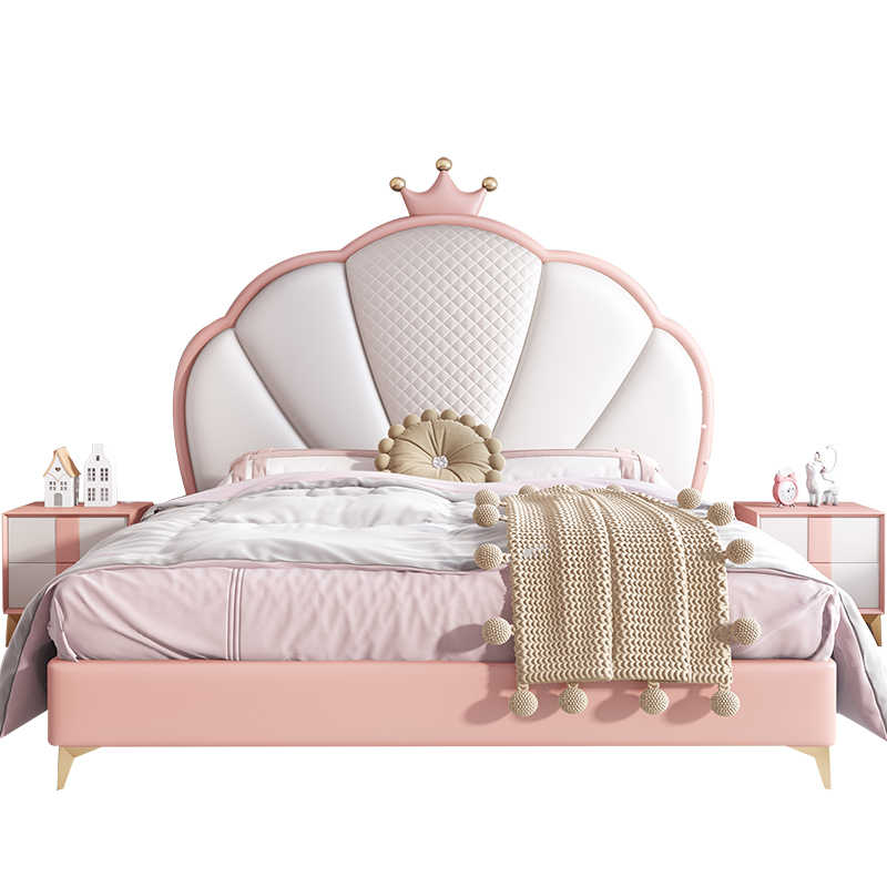 Children's Bed Girls Princess Bed Bedroom Simple modern solid wood cream wind bed Girls single bed Crown pink bed