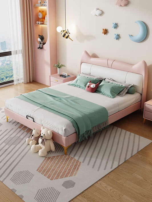 Cat ears child bed girl pink cartoon girl Princess bed ins net celebrity single solid wood storage leather bed