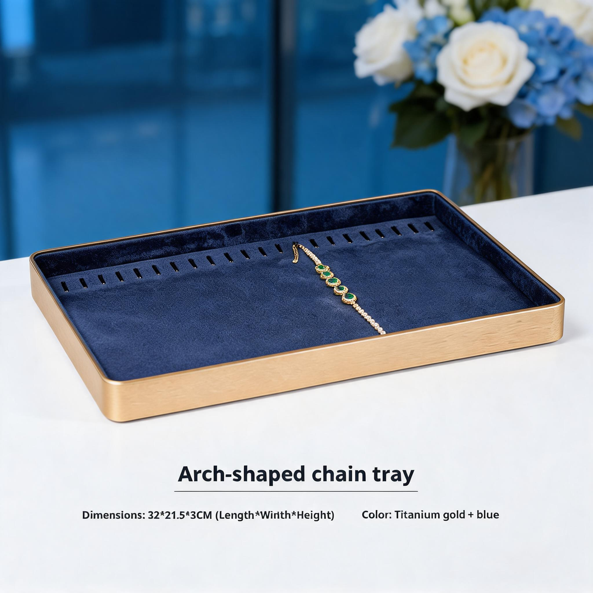 Gold Metal Jewelry Tray with Velvet Lining for Ring and Necklace Display