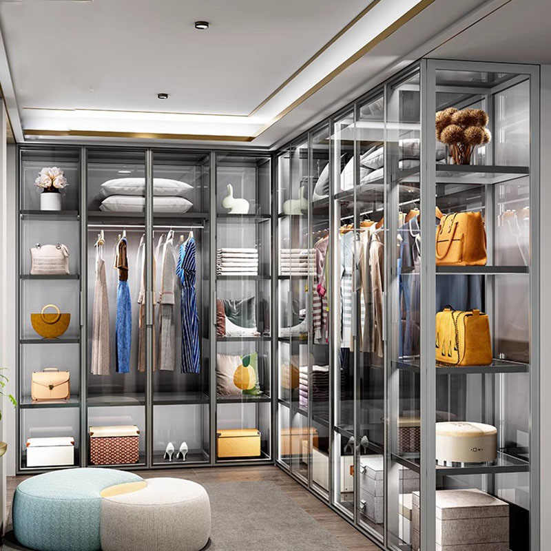 High-end custom aluminum alloy glass wardrobe modern simple cloakroom wardrobe with light luxury jewelry jewelry showcase