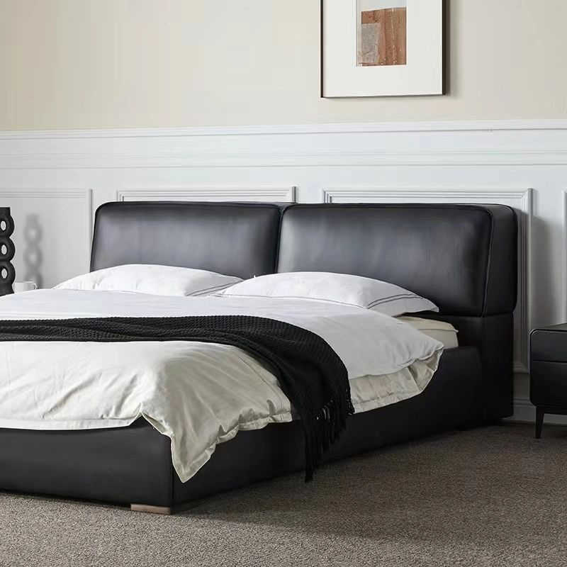 Large black cow bed leather black leather bed minimalist master bedroom landing Foshan high-end software