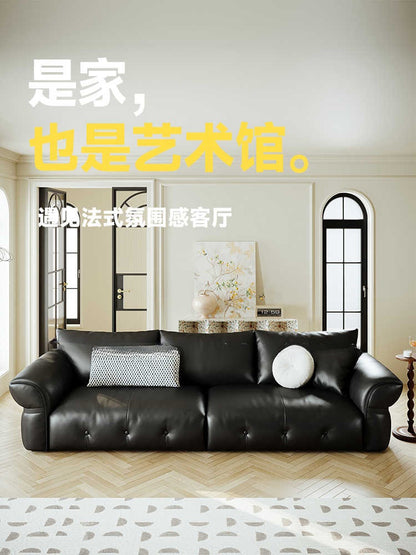 Leather sofa Italian minimalist home creative sponge black retro one line double row small apartment