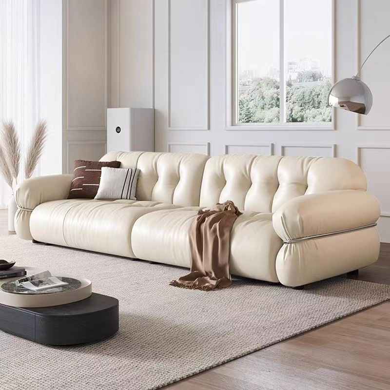 French retro light luxury leather sofa living room in the antique steel ring black sugar cloud straight row black head layer cowhide sofa