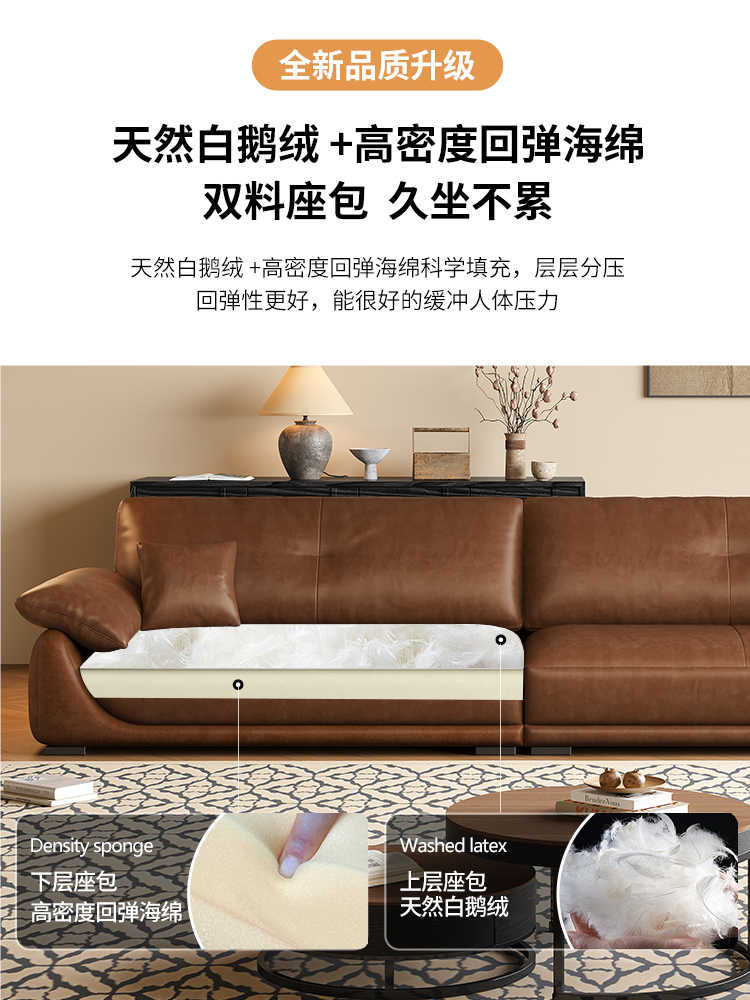 Italian minimalist layer cowhide sofa small living room retro style oil wax leather straight row leather sofa