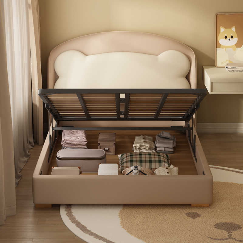 Children's bed Boy soft pack single bed Modern simple 1.5m solid wood boy leather bed cartoon creative bear bed
