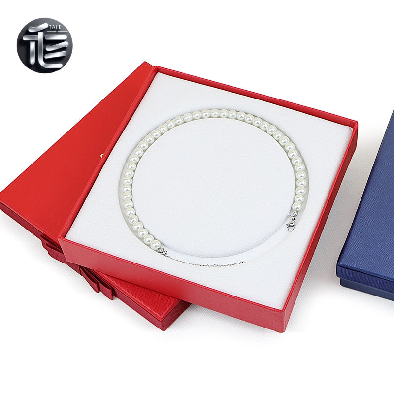 Jewelry Gift Box for Pearl Necklace, Paper Presentation Case with Ribbon,  White Insert Tray