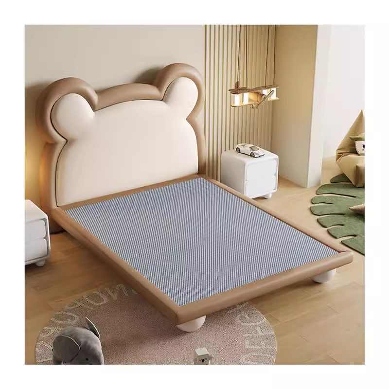 Children's bed Boys Girls Cartoon Bear floating bed with smart Led lights Soft cover art bed 1.2 solid wood frame