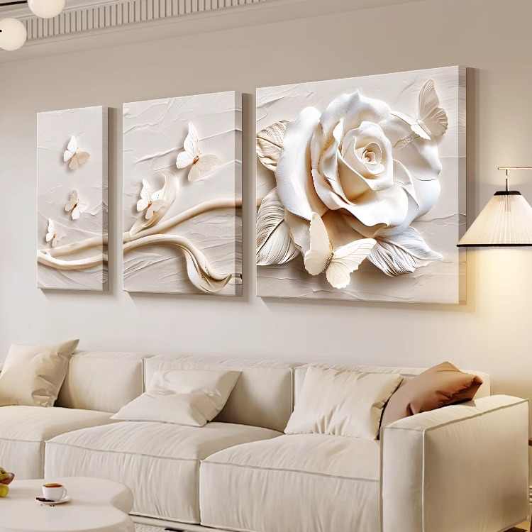 Flower cream style three-dimensional relief living room decoration painting simple high-level sense sofa background wall hanging painting triplet mural