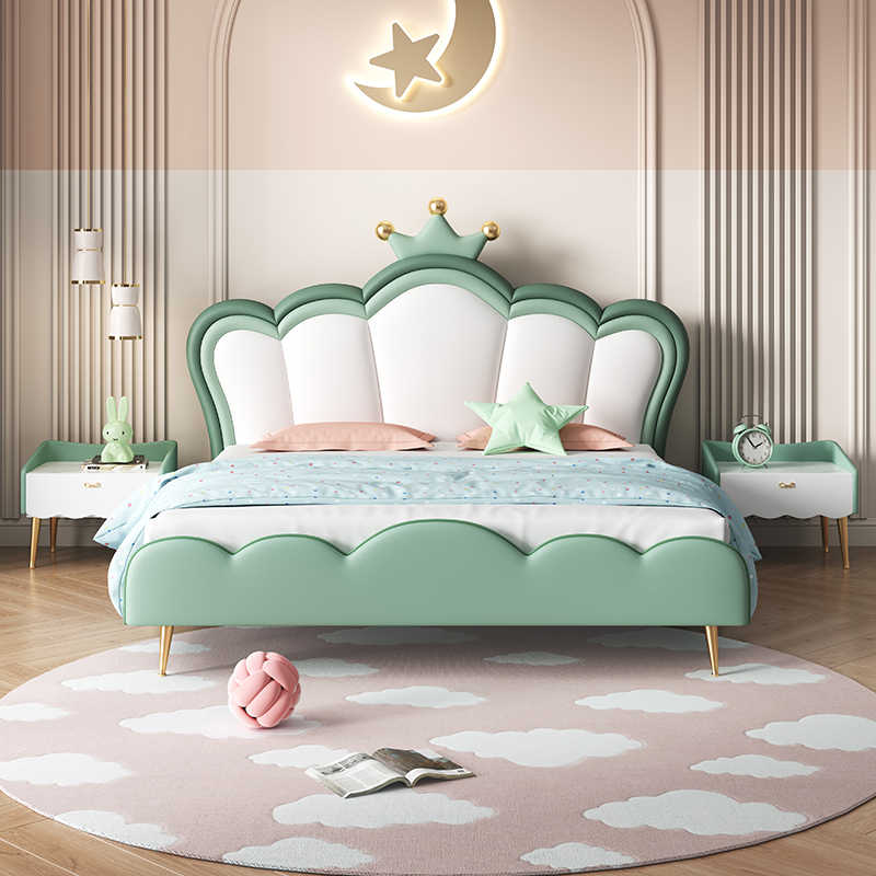 Children Crown Princess bed Girls bed Pink girls Room Dream girl bed Light luxury net red leather bed