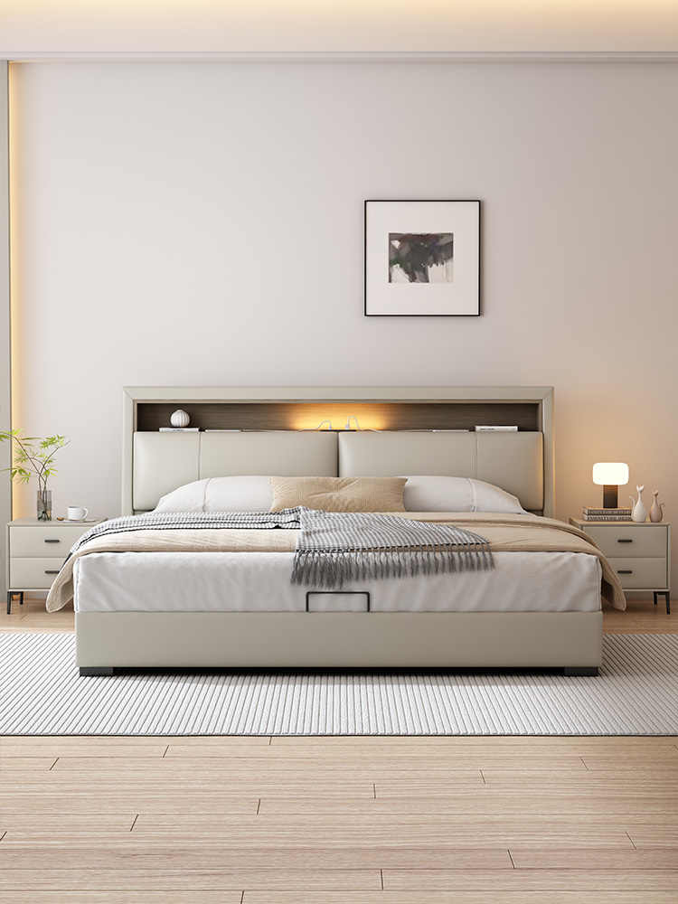 Italian minimalist leather bed Double bed soft bag Master bedroom modern simple 1.8m three drawer storage small apartment