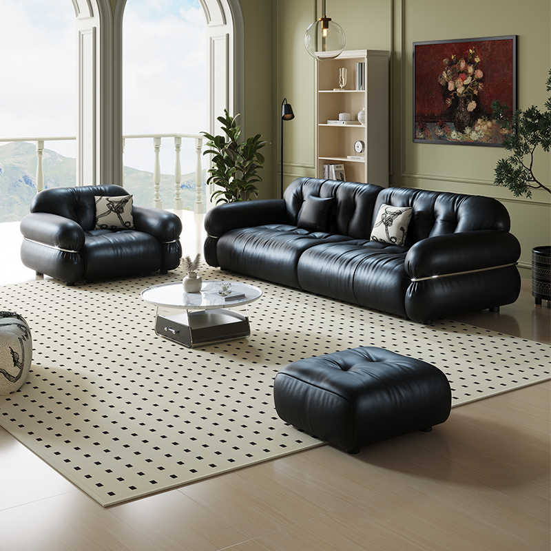 French retro light luxury leather sofa living room in the antique steel ring black sugar cloud straight row black head layer cowhide sofa
