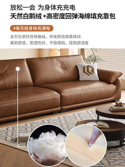 Italian minimalist layer cowhide sofa small living room retro style oil wax leather straight row leather sofa