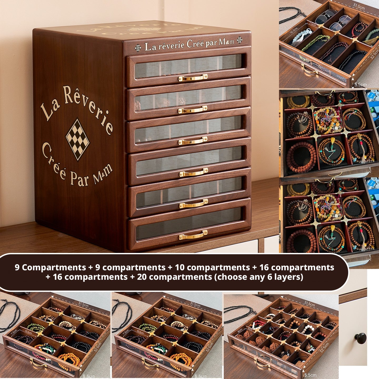 Solid Walnut Wood Jewelry Box, Multi-Drawer Display Case, Elegant Storage Organizer