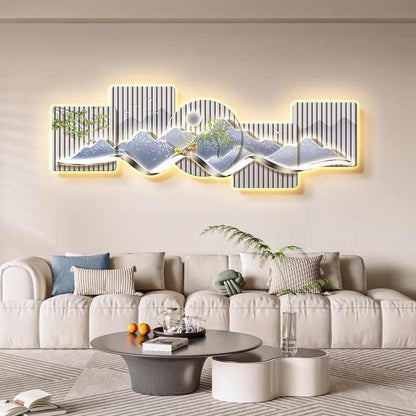 Stone to run the restaurant decorative painting wall clock modern light luxury living room clock hanging painting advanced sense wall lamp