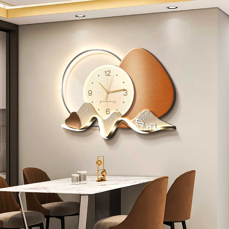 Stone to run the restaurant decorative painting wall clock modern light luxury living room clock hanging painting advanced sense wall lamp