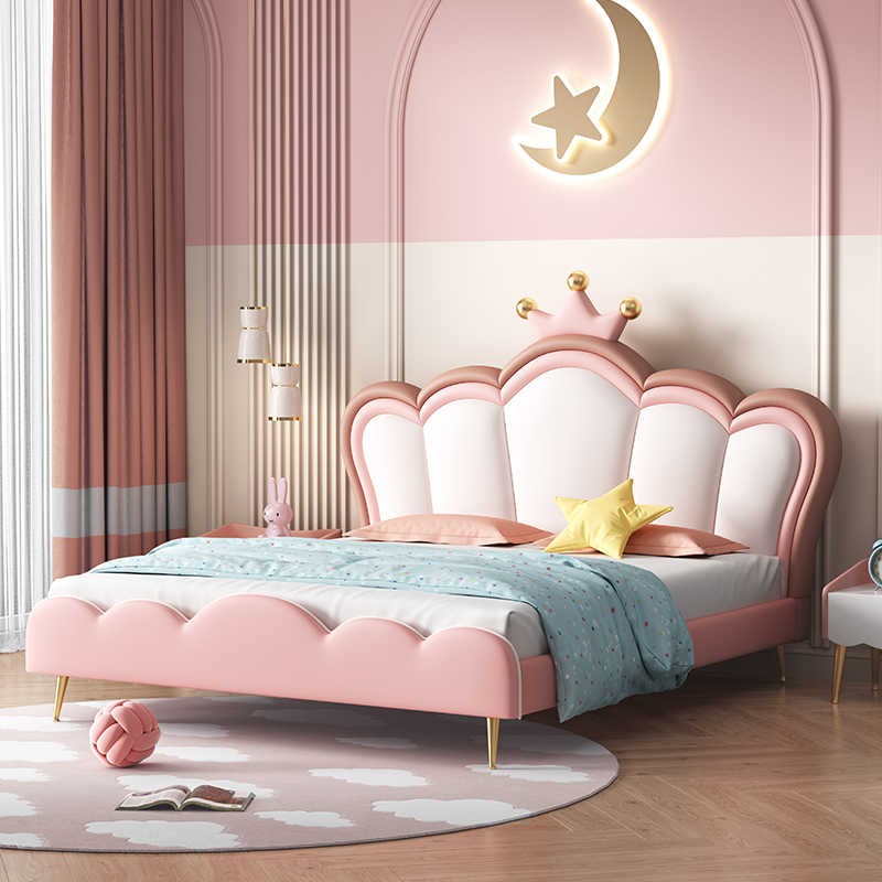 Children Crown Princess bed Girls bed Pink girls Room Dream girl bed Light luxury net red leather bed