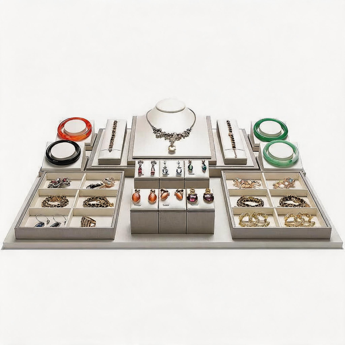 Gray Faux Leather Jewelry Display Set with Ring Stands for Vendors