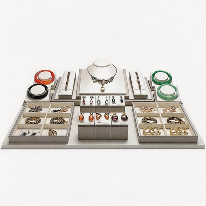 Gray Faux Leather Jewelry Display Set with Ring Stands for Vendors