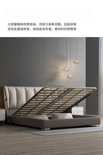 Leather bed Modern simple light luxury master bedroom double bed Tatami Italian minimalist Internet celebrity puff bed