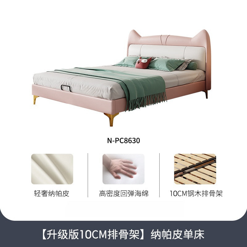 Cat ears child bed girl pink cartoon girl Princess bed ins net celebrity single solid wood storage leather bed