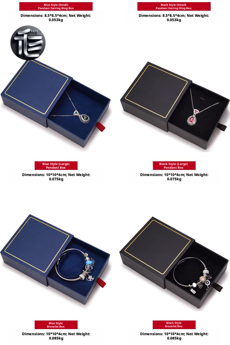 5Pcs Navy Blue Drawer Jewelry Box, Sliding Gift Packaging, Velvet Insert, Gold Trim, Ribbon Pull