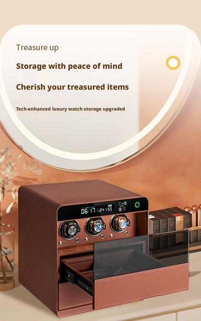 Luxury Leather Watch Winder Safe, Steel Security Case, 3-Slot Automatic Winder