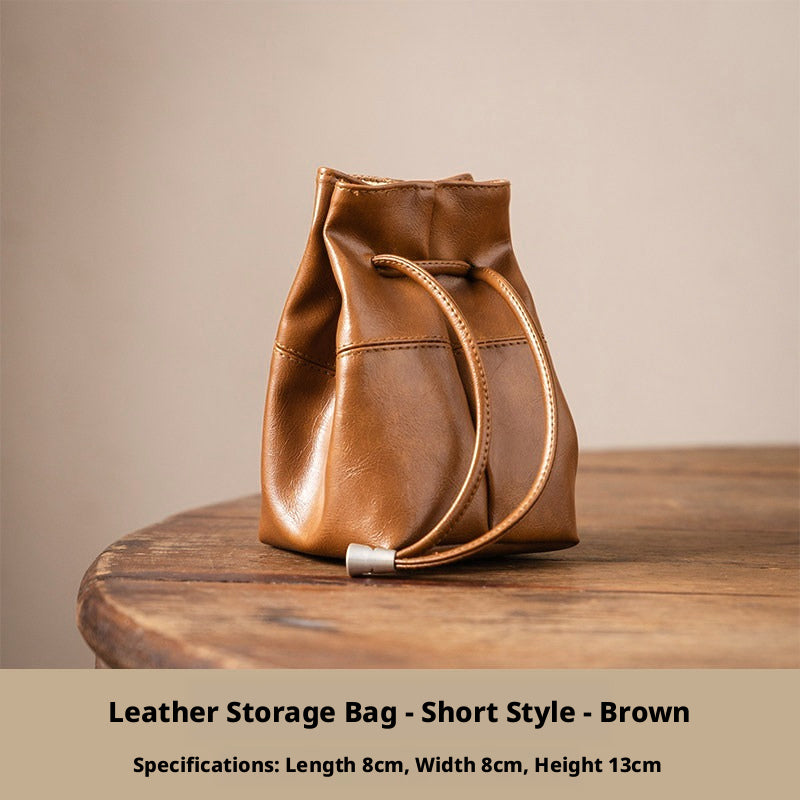 5pcs Oil-Waxed Leather Drawstring Pouch, Jewelry Travel Organizer, Star Hardware Bag