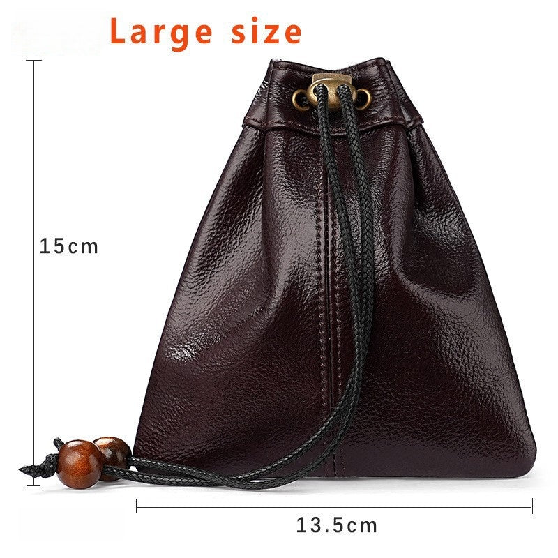 5pcs Waxed Leather Drawstring Pouch, Top-Grain Cowhide Snap Bag, Vintage Coin Jewelry Organizer, EDC Travel Storage