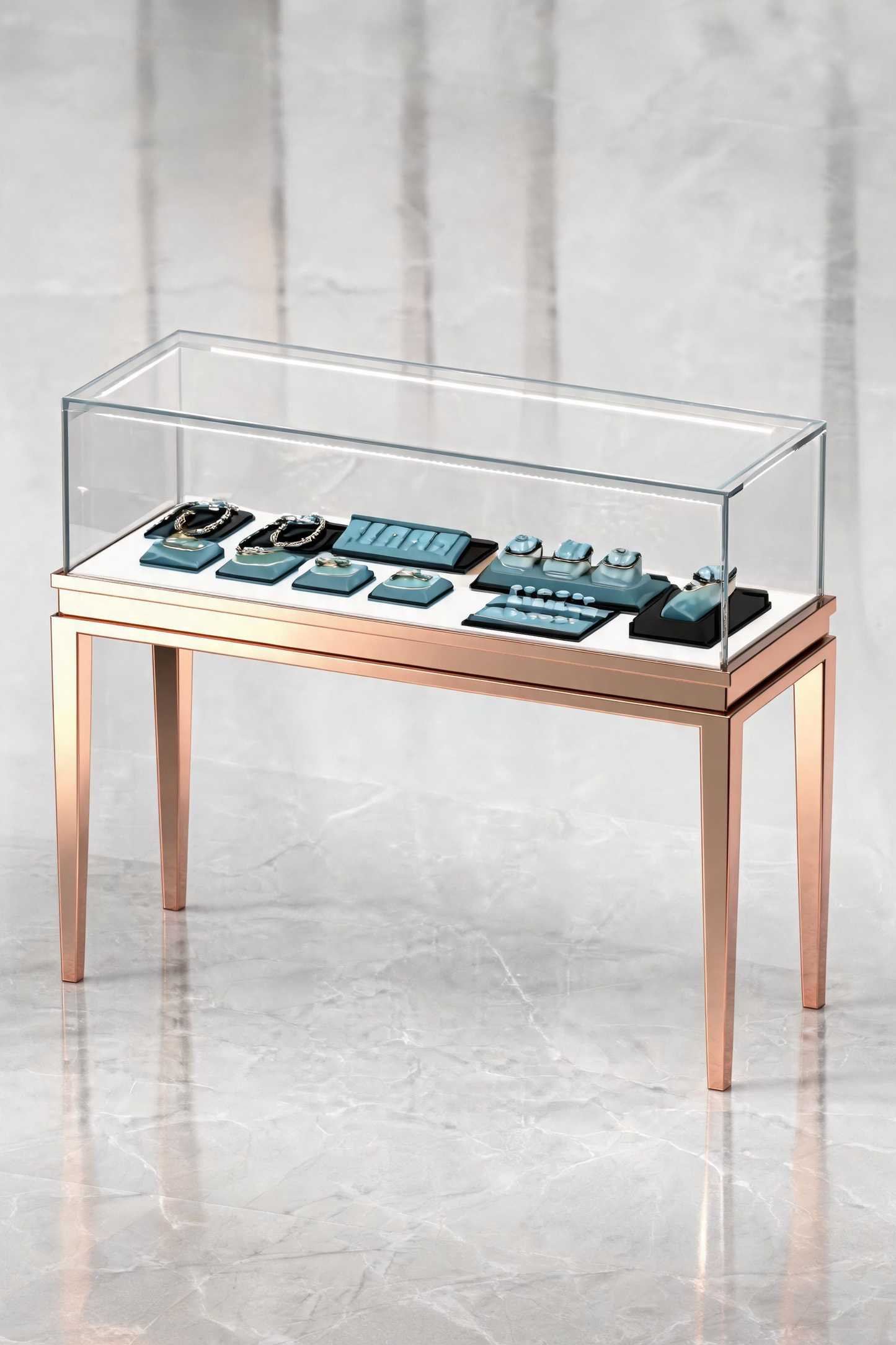 Stainless steel Luxury Jewelry Display Cabinet, Tempered Glass, Dual-Row LED, Gold Finish