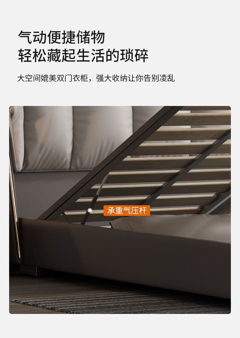 Italian minimalist layer cowhide bed leather bed modern simple light luxury master bedroom solid wood bed floor wedding bed double bed