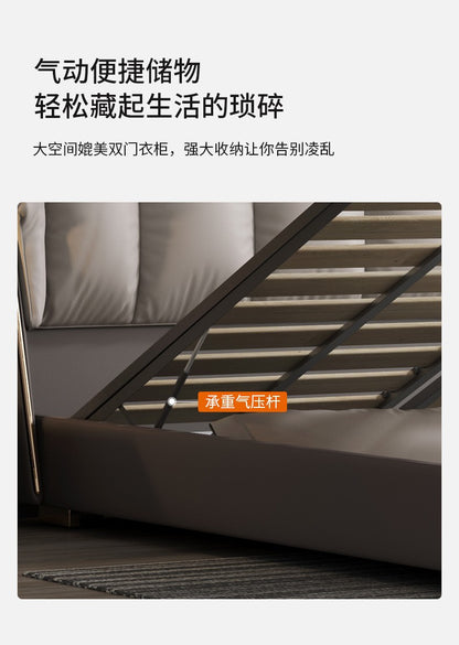 Italian minimalist layer cowhide bed leather bed modern simple light luxury master bedroom solid wood bed floor wedding bed double bed
