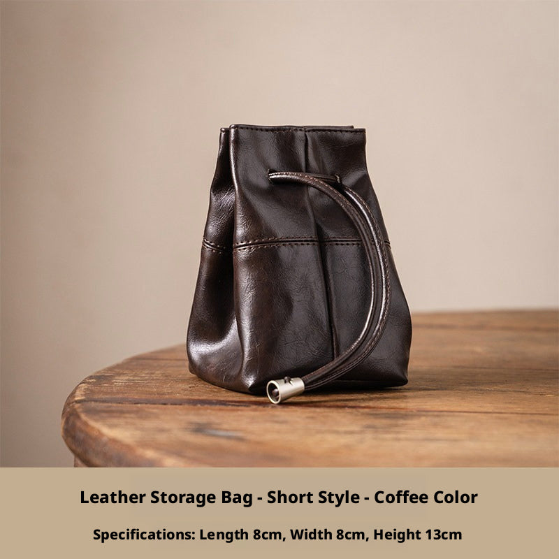 5pcs Oil-Waxed Leather Drawstring Pouch, Jewelry Travel Organizer, Star Hardware Bag