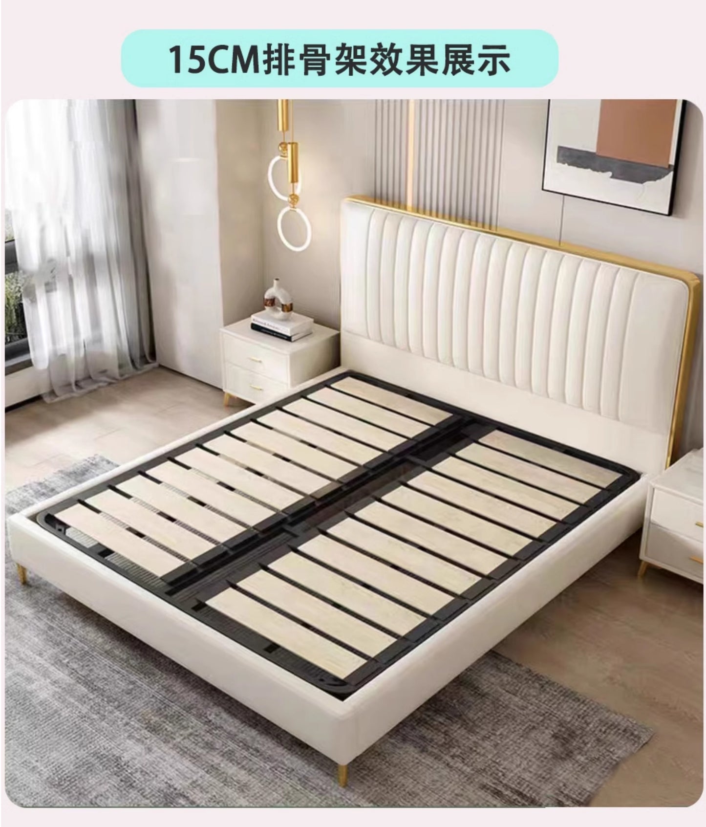 Leather bed New master bedroom queen bed Nordic double bed master bed thin headbed small simple wedding bed