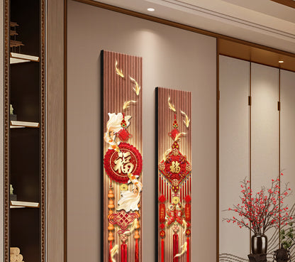 New Chinese nine fish figure porch decorative painting Fu character Chinese knot wall painting festive New Year TV background wall hanging painting