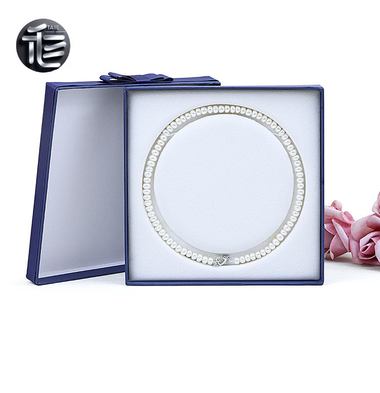 Jewelry Gift Box for Pearl Necklace, Paper Presentation Case with Ribbon,  White Insert Tray
