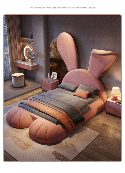 Light luxury children pink princess bed cartoon rabbit modern simple multi-functional girl bed fabric red solid wood bed