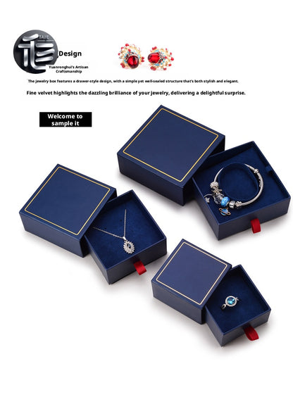 5Pcs Navy Blue Drawer Jewelry Box, Sliding Gift Packaging, Velvet Insert, Gold Trim, Ribbon Pull