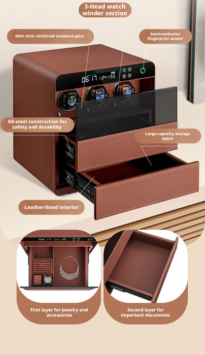 Luxury Leather Watch Winder Safe, Steel Security Case, 3-Slot Automatic Winder