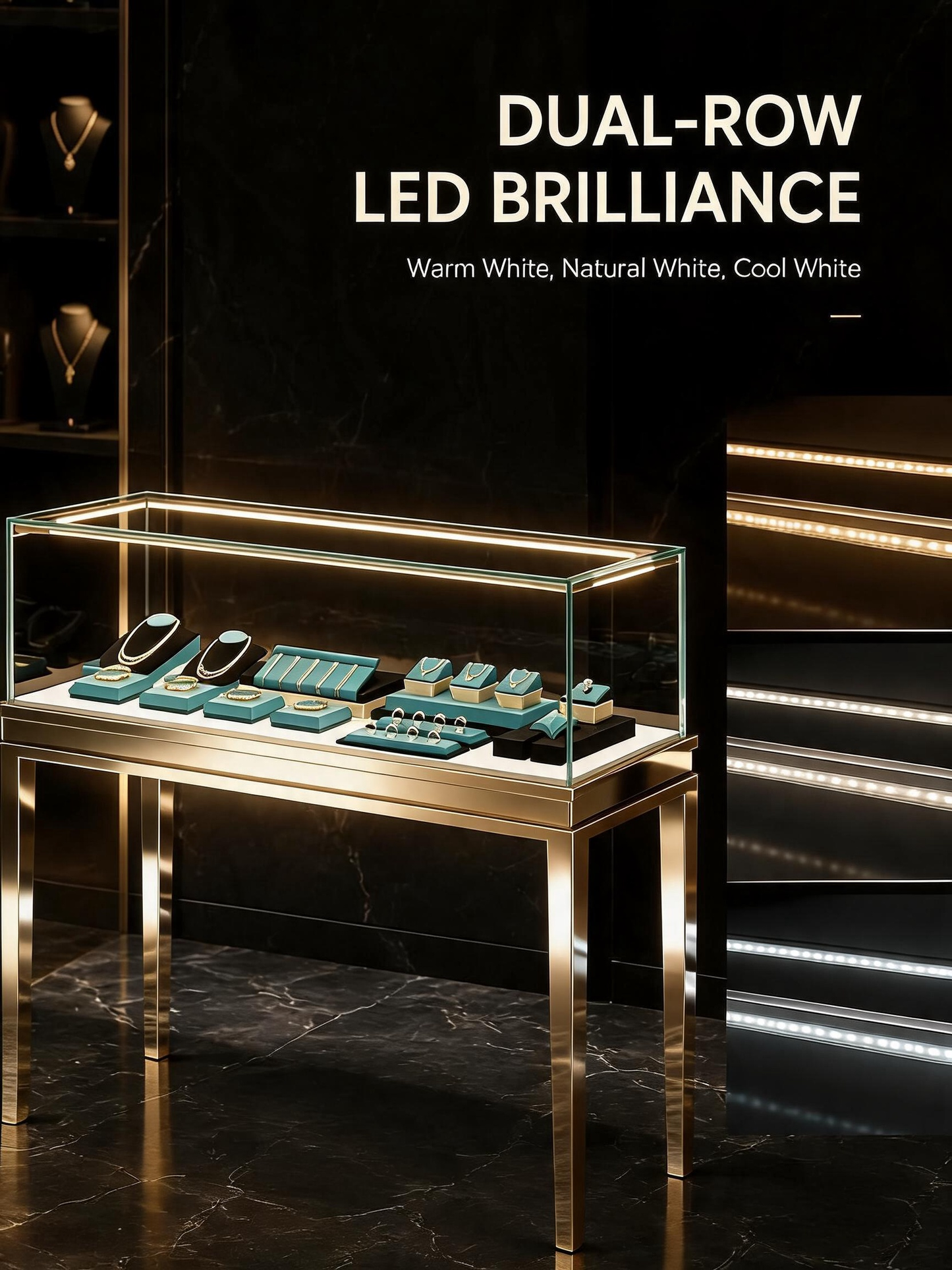 Stainless steel Luxury Jewelry Display Cabinet, Tempered Glass, Dual-Row LED, Gold Finish