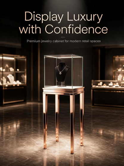 Stainless steel Luxury Jewelry Display Cabinet, Tempered Glass, Dual-Row LED, Gold Finish