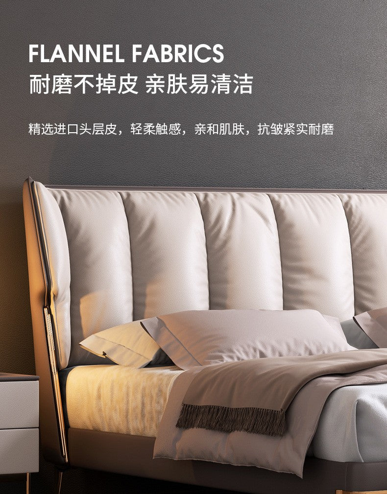 Italian minimalist layer cowhide bed leather bed modern simple light luxury master bedroom solid wood bed floor wedding bed double bed