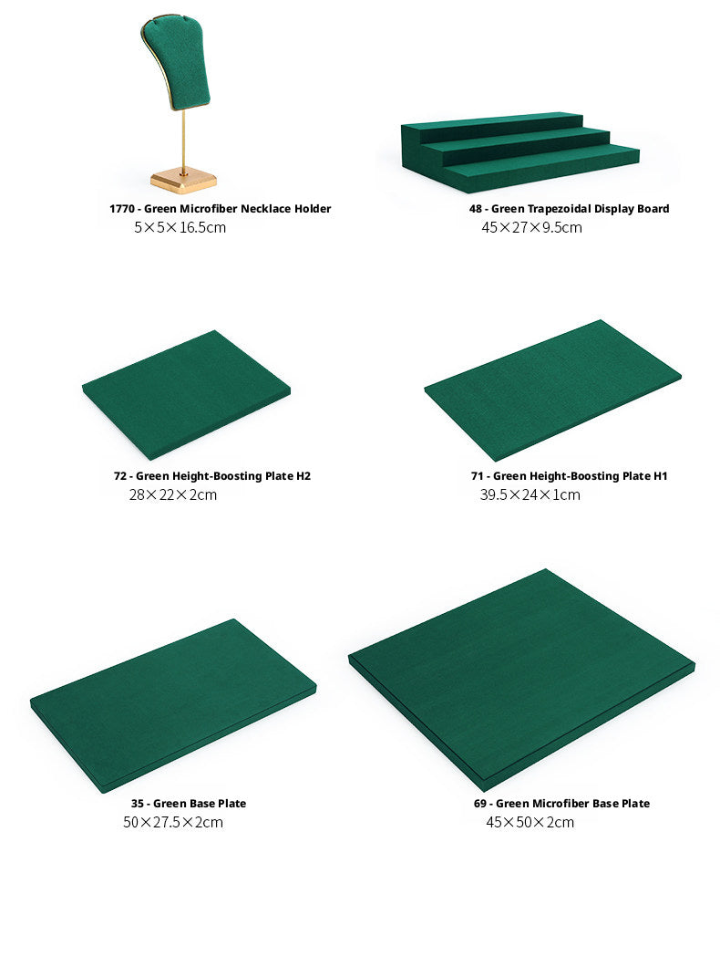 Green Suede and Gold Jewelry Showcase Trays and Necklace Busts