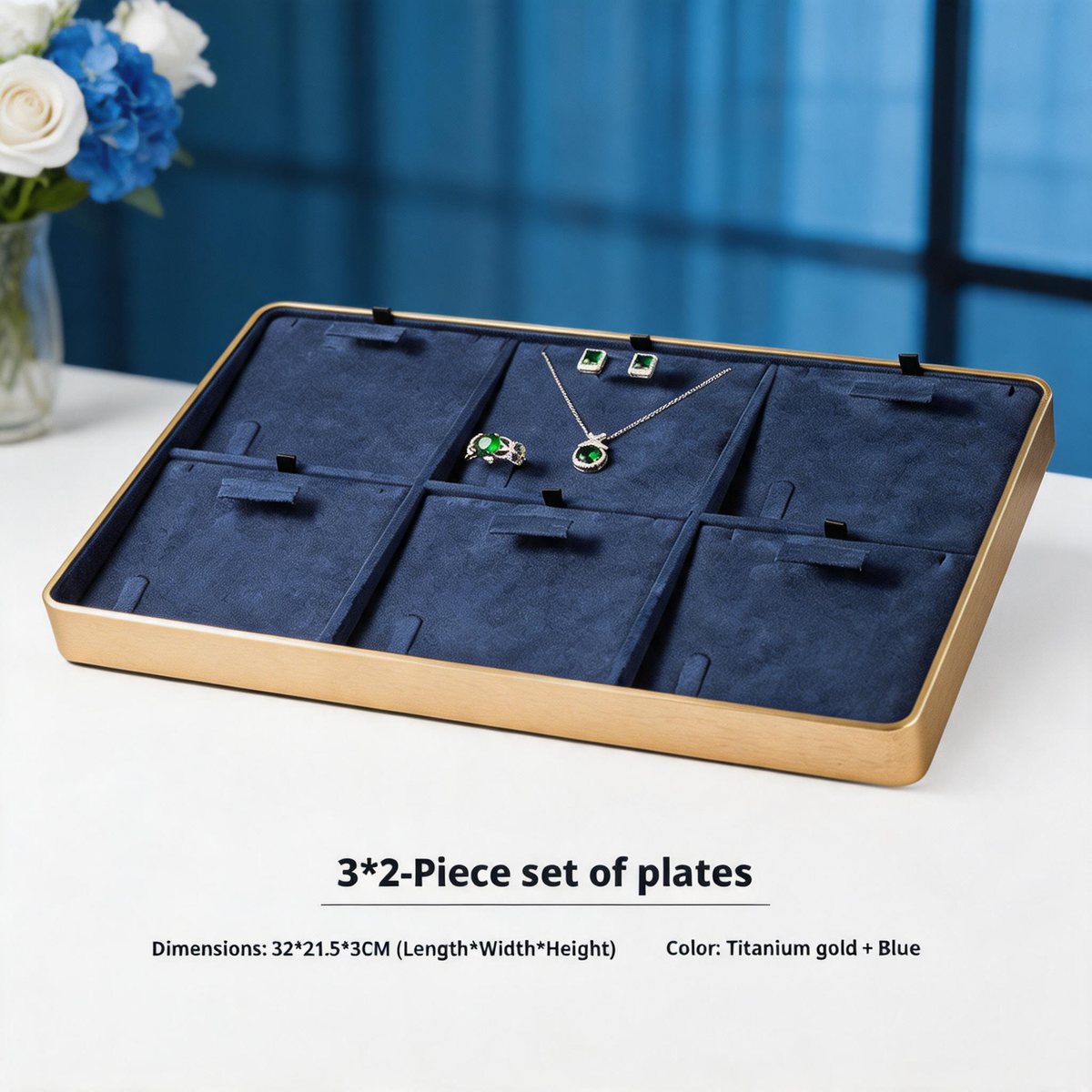 Gold Metal Jewelry Tray with Velvet Lining for Ring and Necklace Display