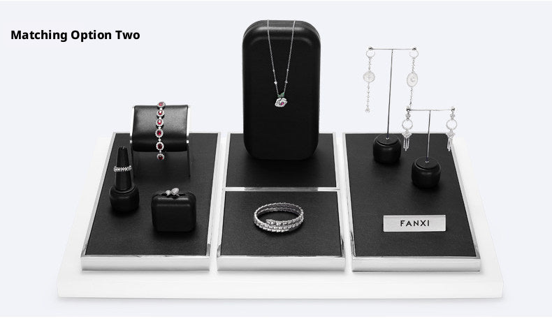 Black Leather Jewelry Display Set with Metal Trays for Rings and Earrings